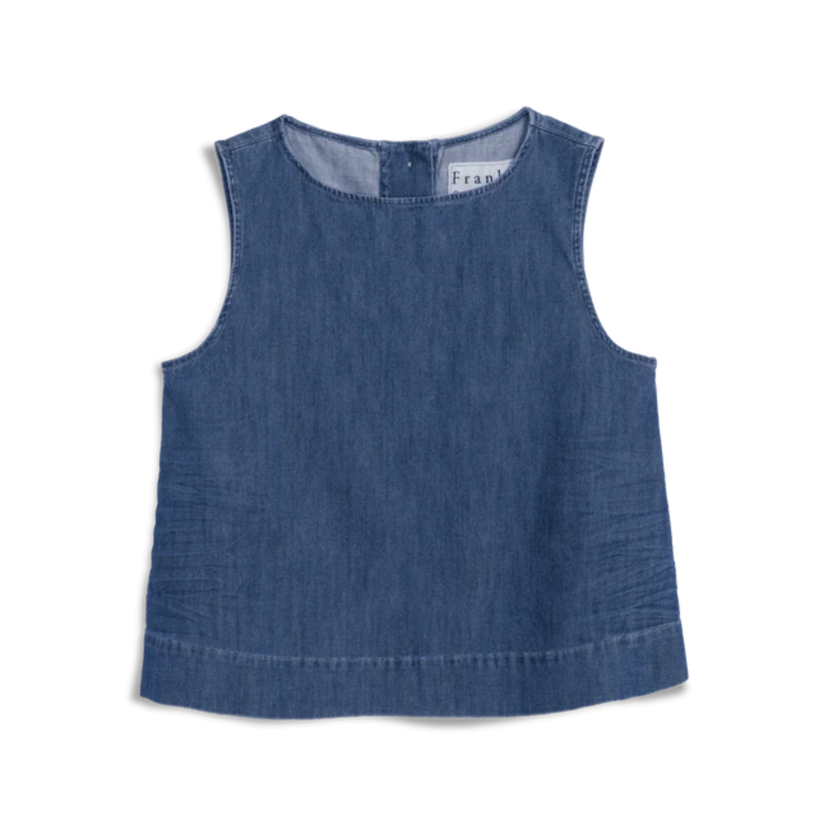 A sleeveless blue denim top with a wide neckline, photographed flat against a white background. The brand name 'Frank and Eileen' is visible on the inner neck label.