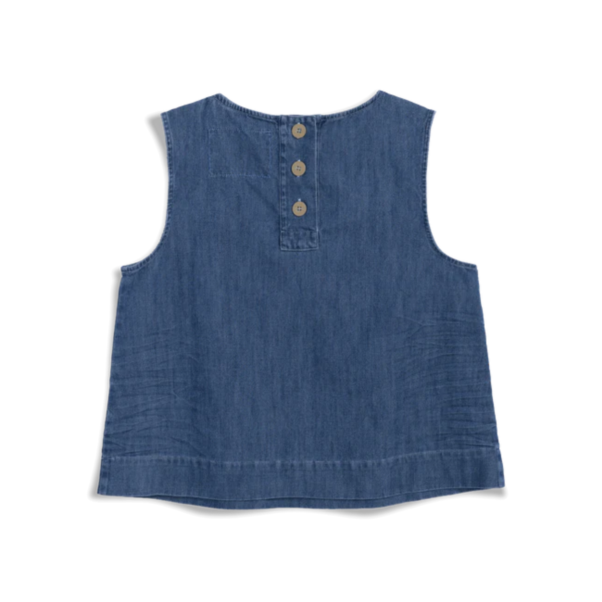 A sleeveless blue denim vest shown from the back, featuring a three-button placket and a raw hem, photographed on a clean white background.