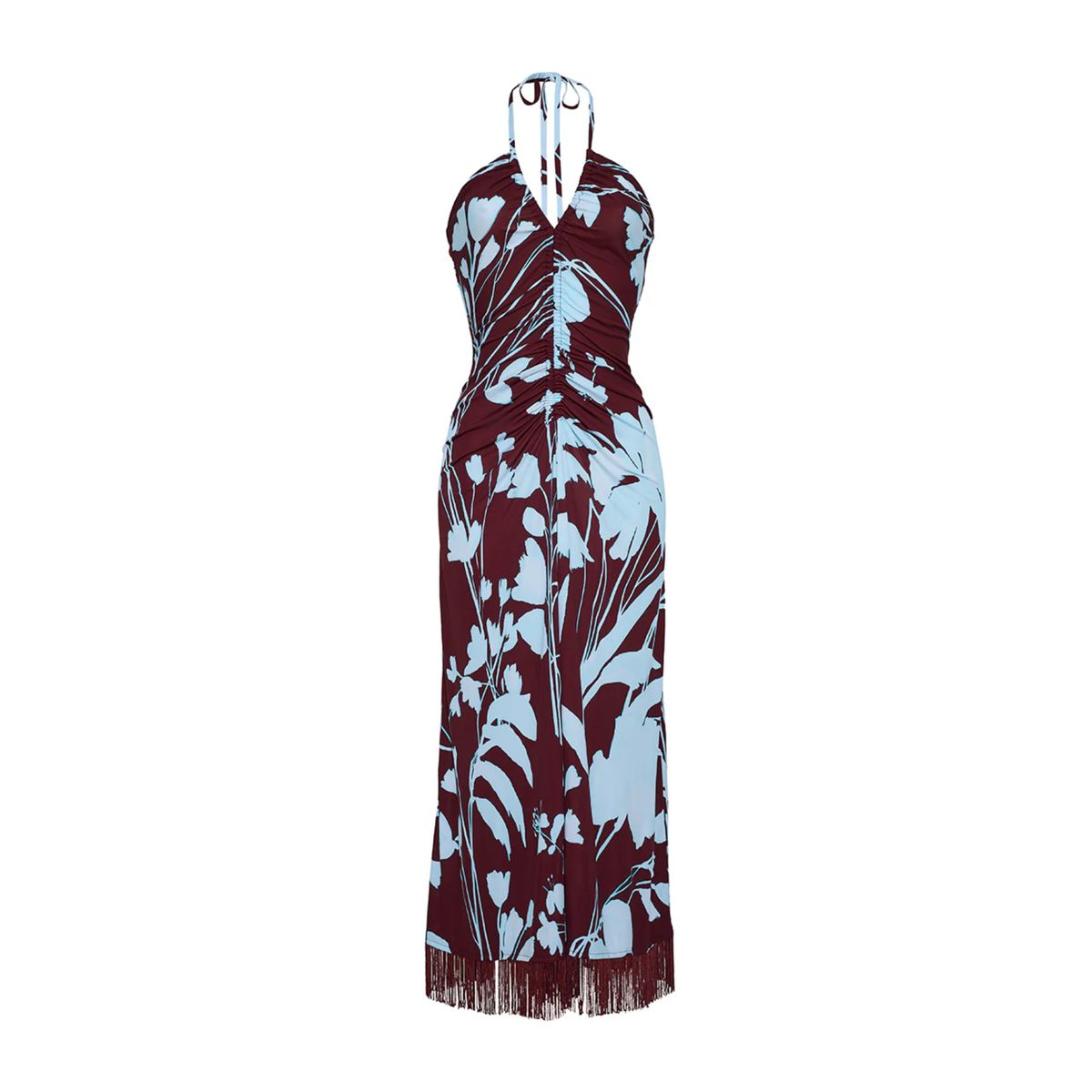 A sleeveless halter-neck maxi dress with a dark burgundy base and a light blue tropical floral print, featuring a fringed hem.
