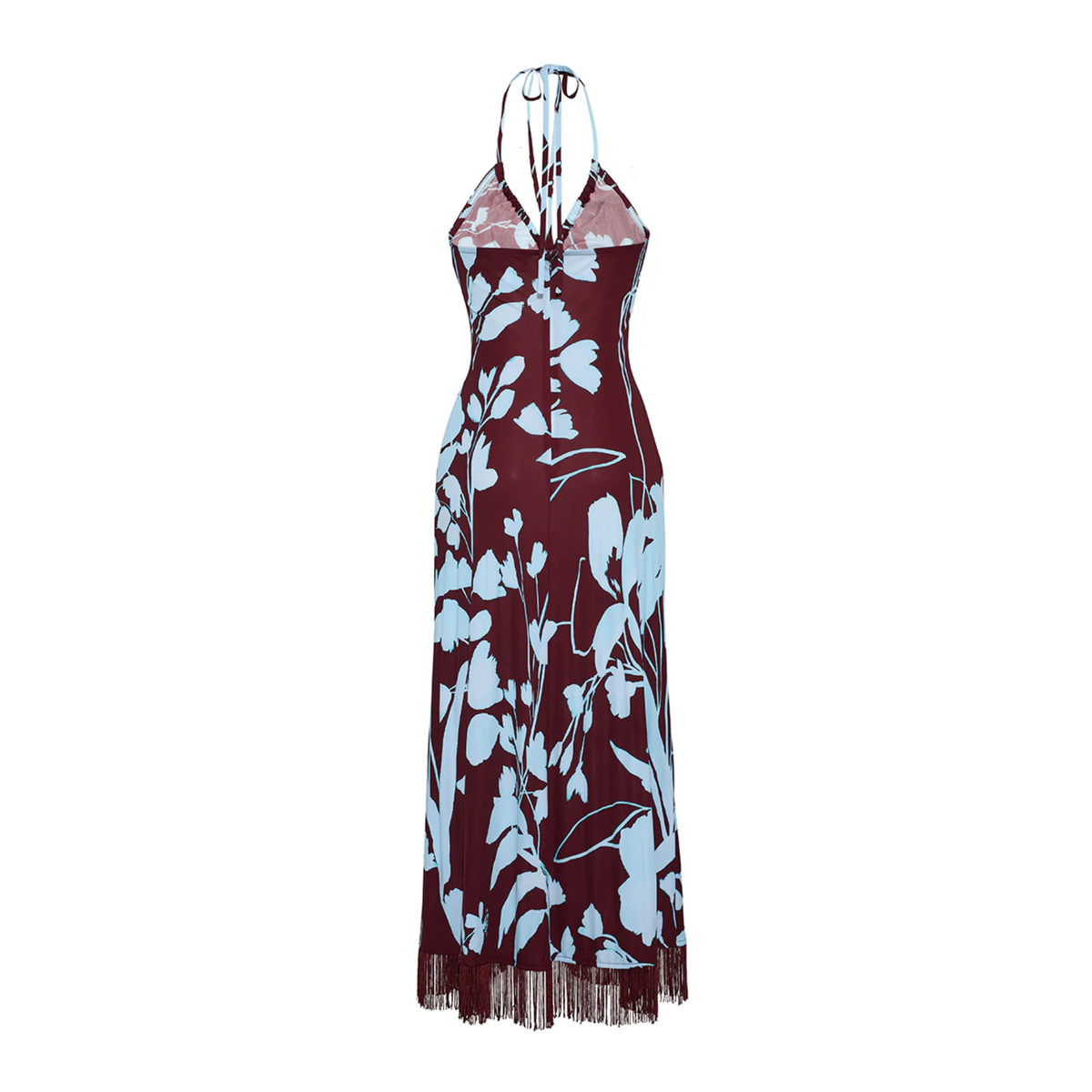 A halter-neck maxi dress with a deep V-neckline, featuring a burgundy base with a light blue floral and botanical print, and a fringed hem.
