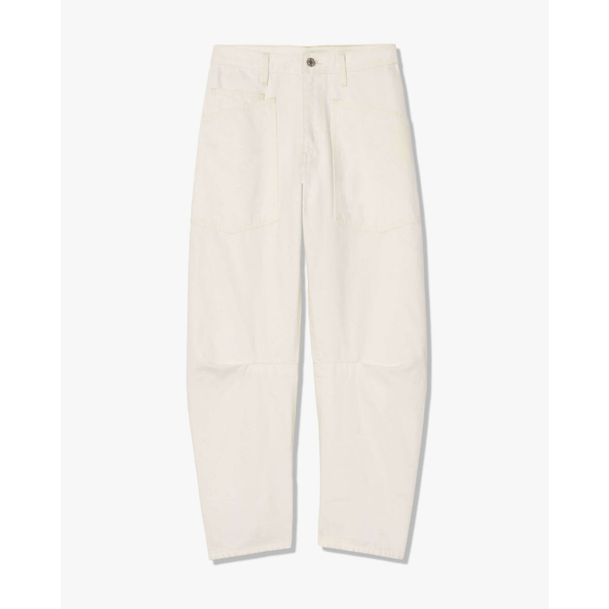 Off-white cropped pants with a relaxed, tapered leg and large front patch pockets, shown flat against a light gray background.