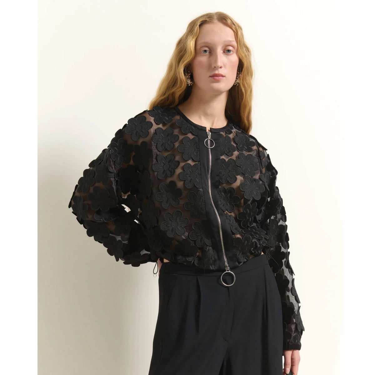 Short Jacket With Floral Appliques - Black