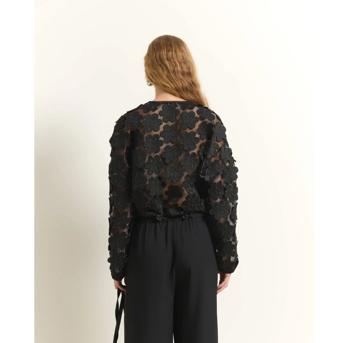 Short Jacket With Floral Appliques - Black