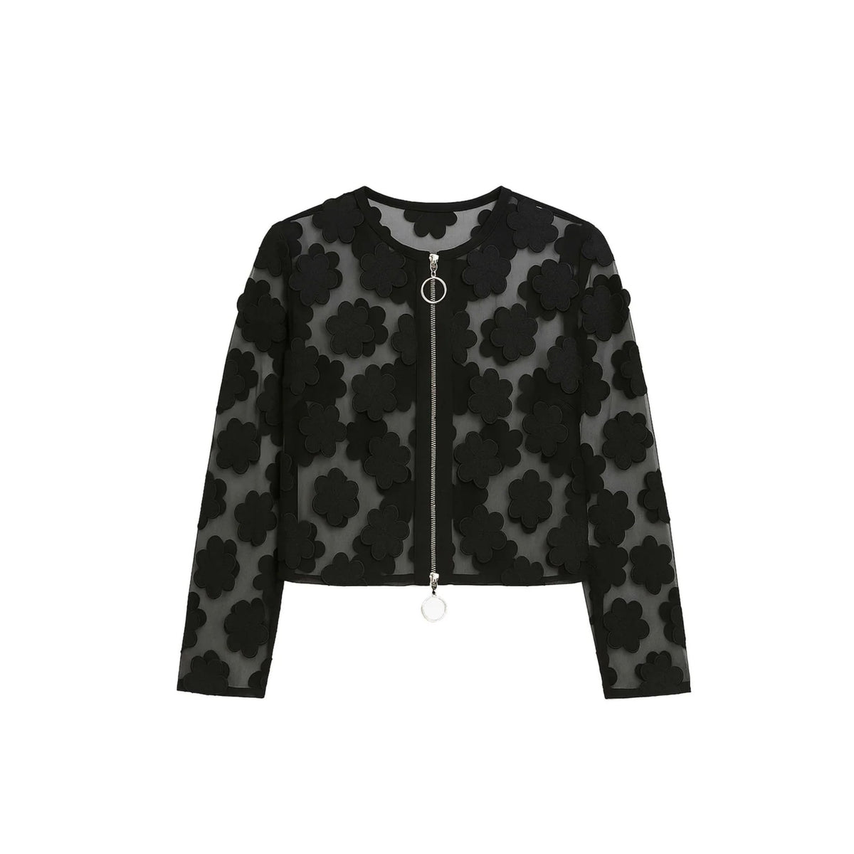 Short Jacket With Floral Appliques - Black