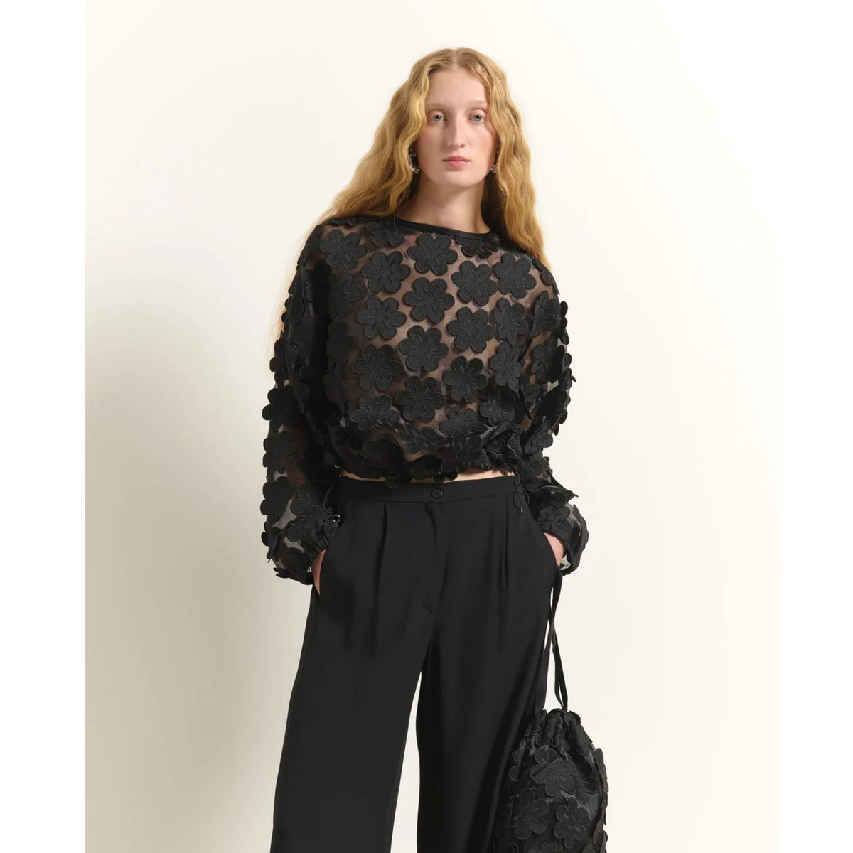 Short Jacket With Floral Appliques - Black