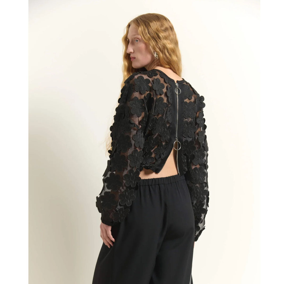 Short Jacket With Floral Appliques - Black