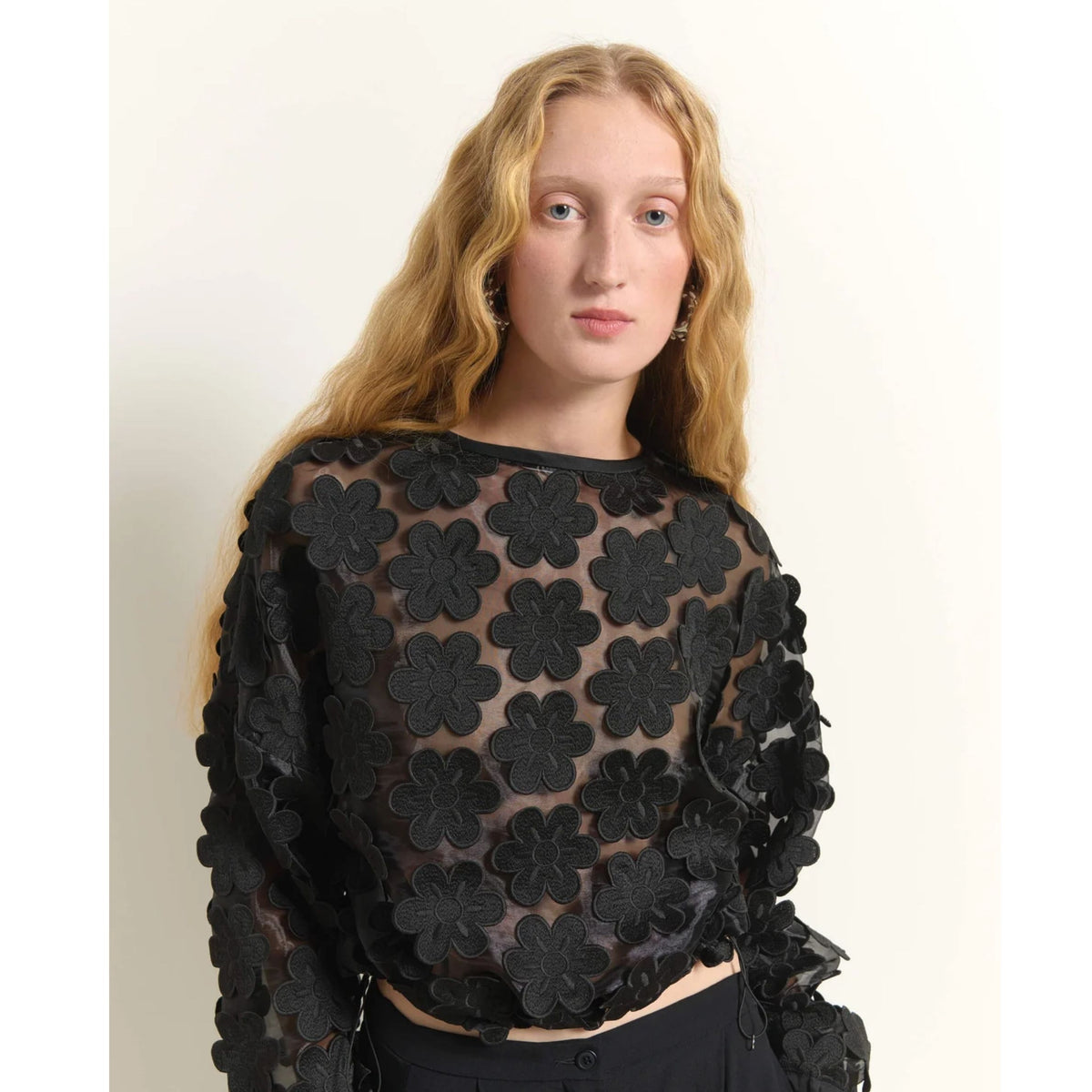Short Jacket With Floral Appliques - Black
