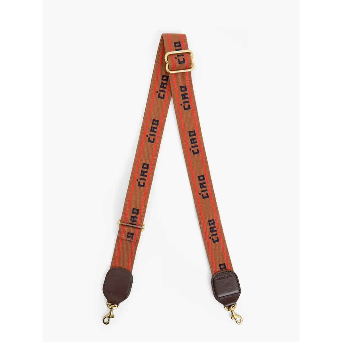 Front flat lay view of the "Adjustable Crossbody Strap" in tan webbing with orange panels printed with the word "CIAO" in dark navy lettering and leather end tabs with gold-tone hardware.