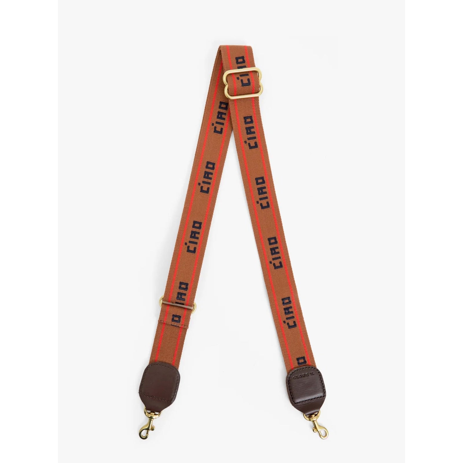 Front flat lay view of the "Adjustable Crossbody Strap" in tan webbing with orange panels printed with the word "CIAO" in dark navy lettering and leather end tabs with gold-tone hardware.
