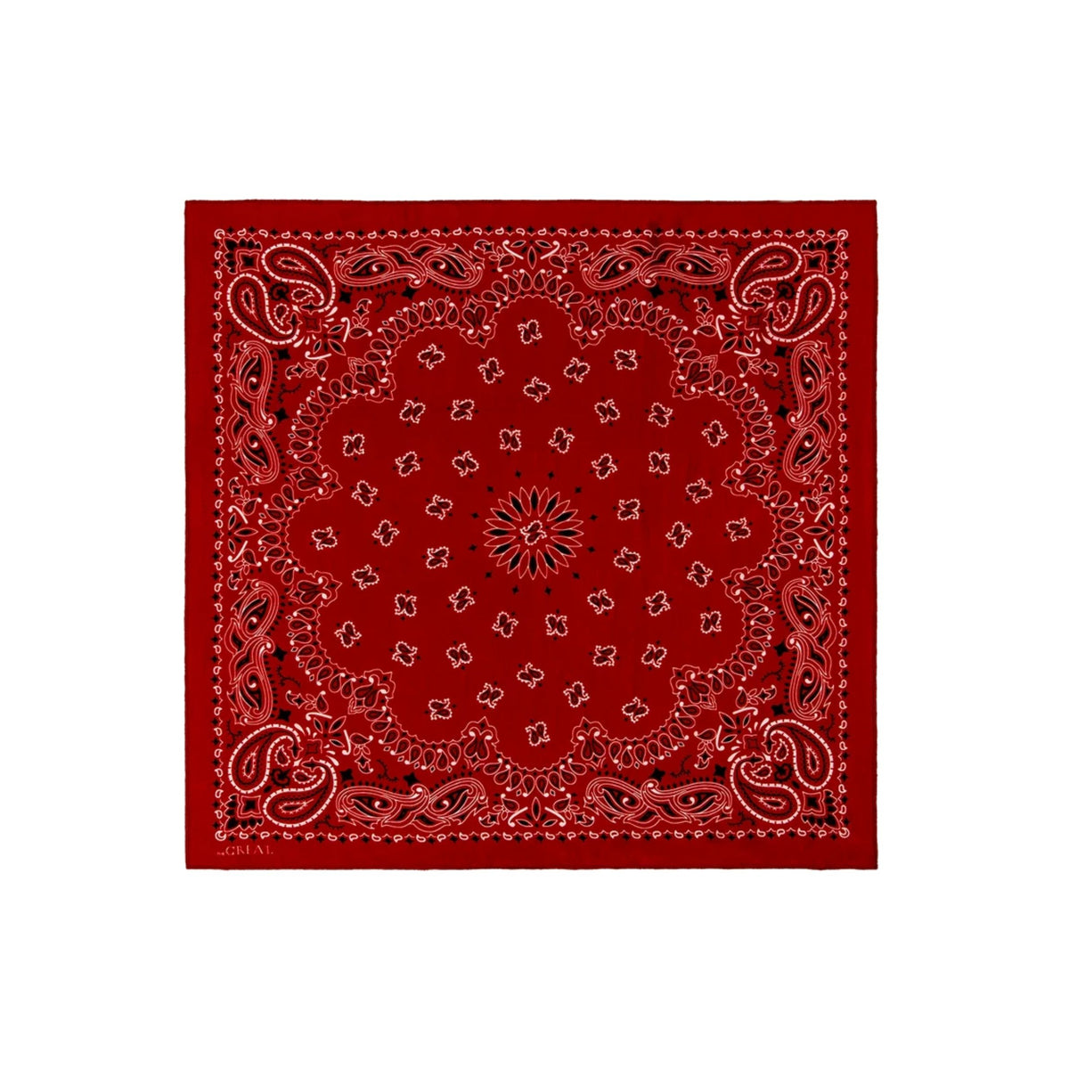 A square red bandana with a classic paisley and floral pattern, laid flat against a solid white background.