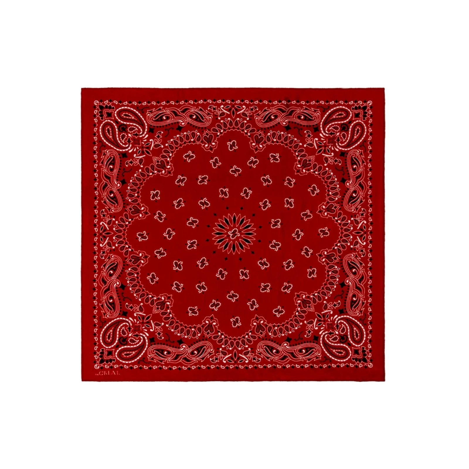A red bandana-style neck scarf with black and white paisley patterns, tied in a loop at the top and pointed down, shown on a plain white background.