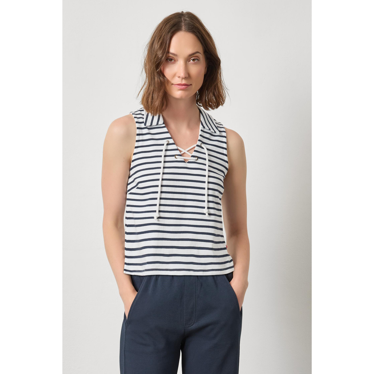 Sleeveless Collared Top - Navy Stripe