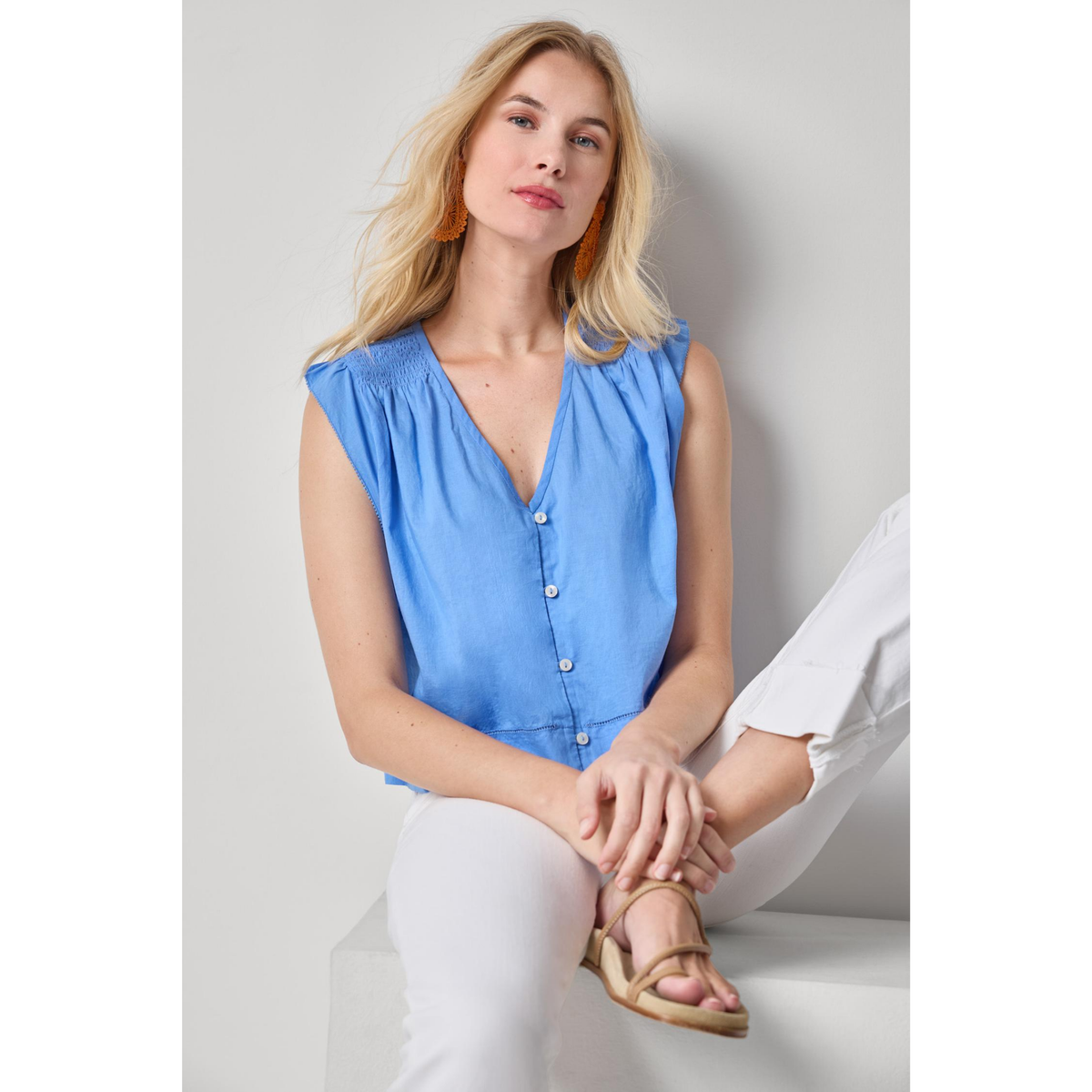 Smocked Shoulder V-Neck - Ultramarine