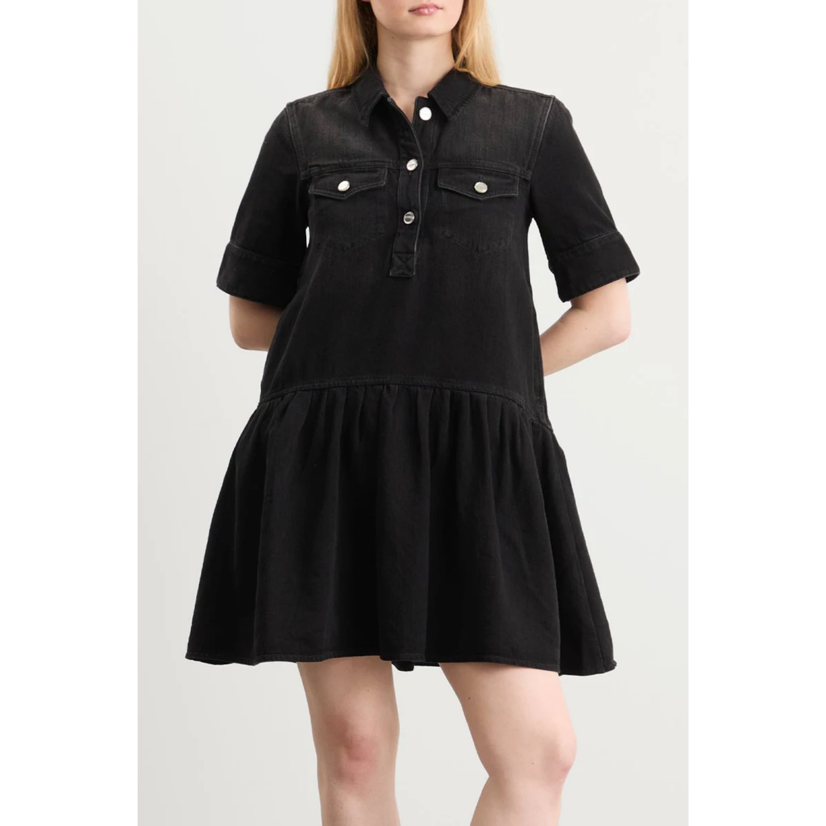 Soft Rigid Denim Mini Dress - Black