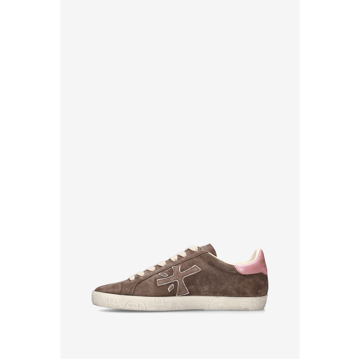 A single brown suede sneaker shown in profile against a light gray background. The shoe features a brown suede upper, a light beige embroidered logo on the side, a pink heel tab, and a white rubber sole.