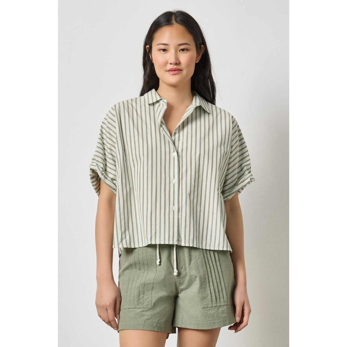 Striped Oversized Button Down Dolman - Pool Stripe