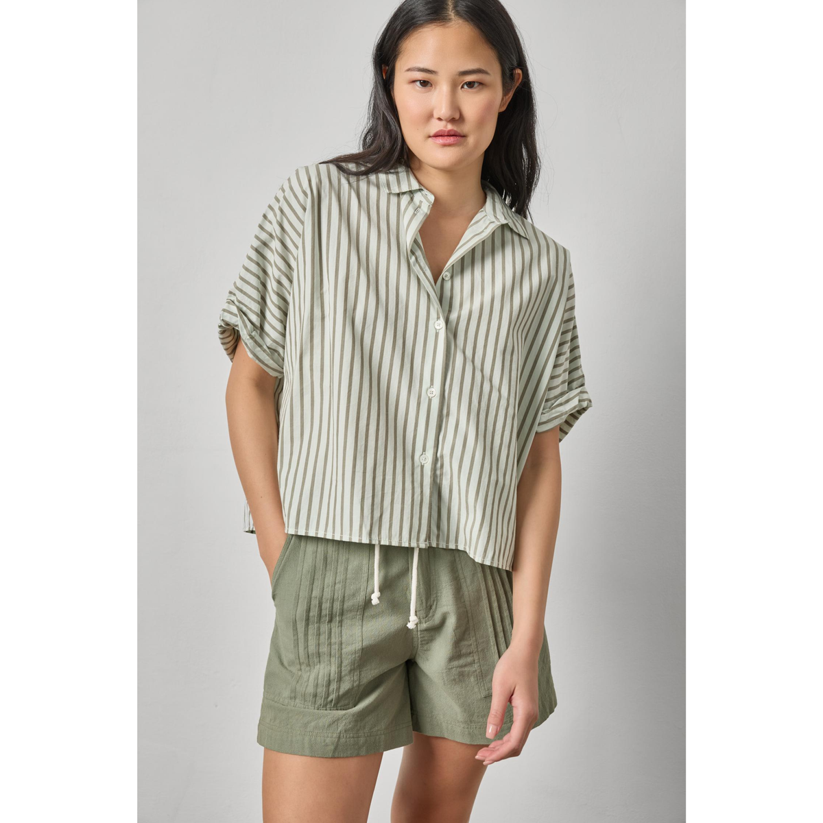 Striped Oversized Button Down Dolman - Pool Stripe