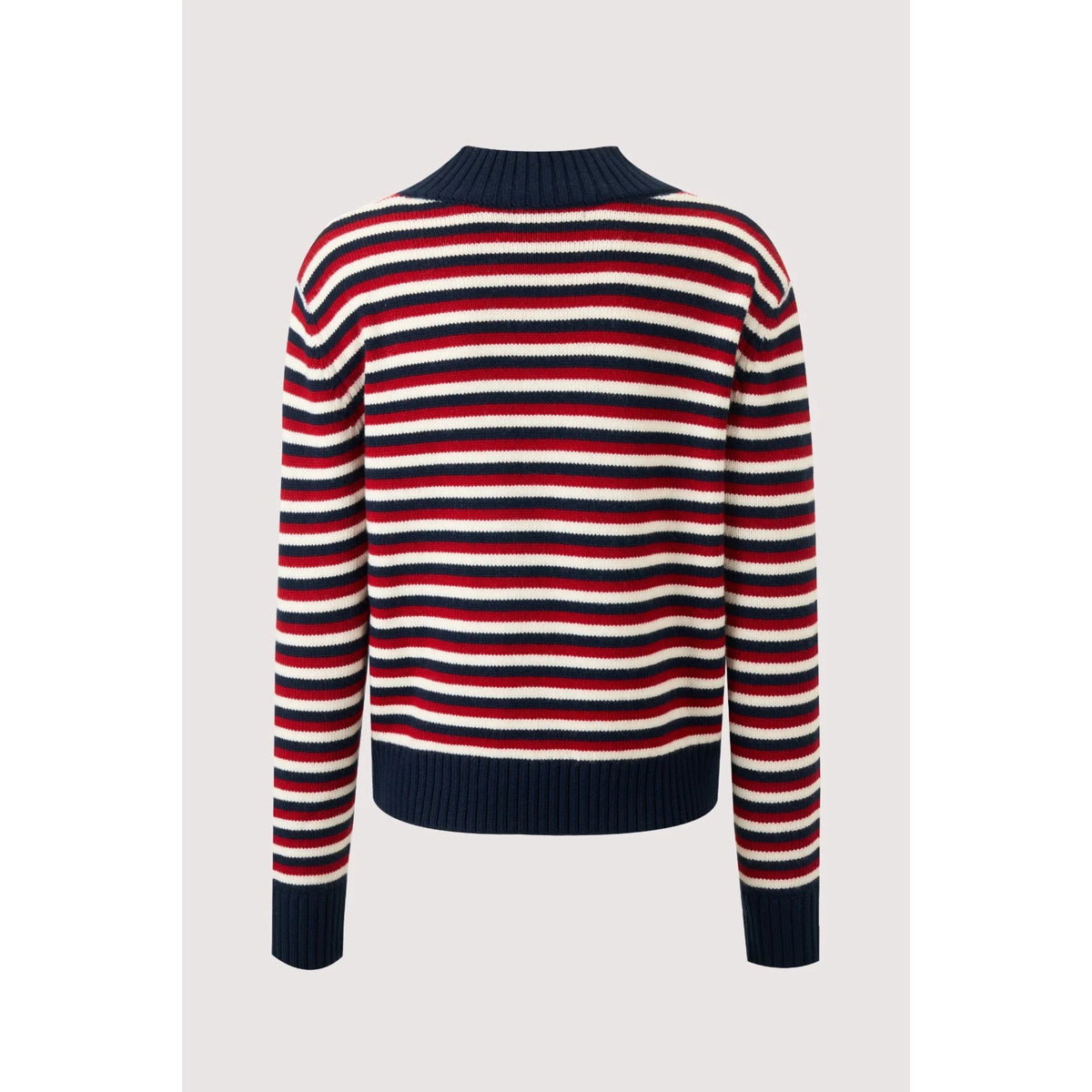 A striped knit sweater with horizontal navy, red, and white stripes, featuring a navy mock neck, ribbed hem, and ribbed cuffs, shown on a light gray background.
