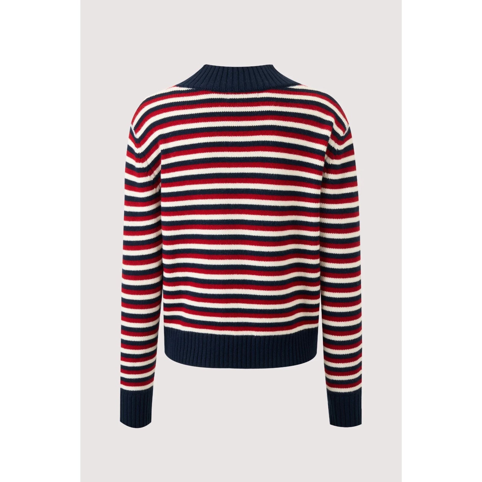 A striped knit sweater with a V-neck, featuring horizontal navy blue, red, and off-white stripes, displayed on a neutral light gray background.