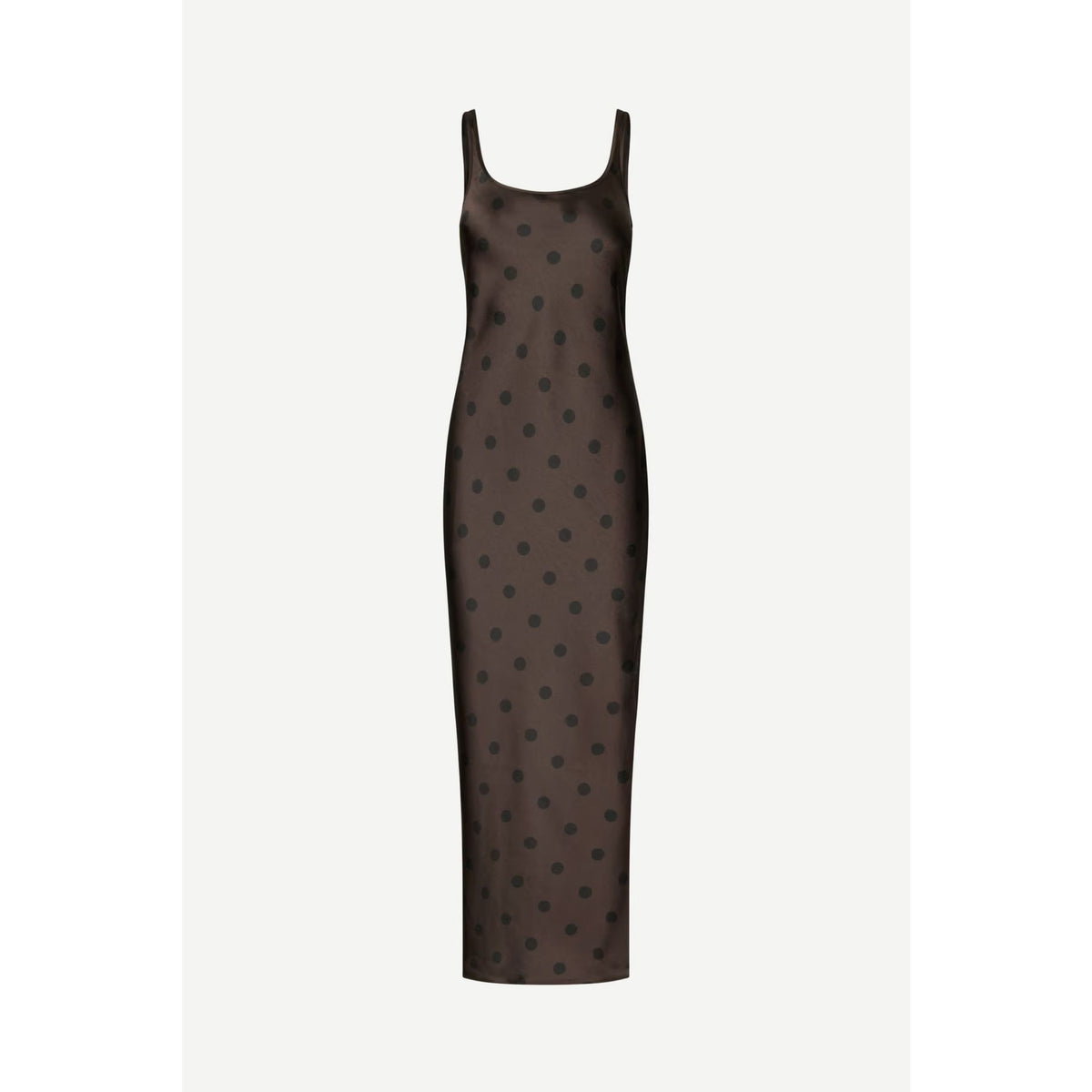 A sleeveless, bodycon maxi dress in a dark brown sheer mesh fabric with a black polka dot pattern, shown against a light gray background.