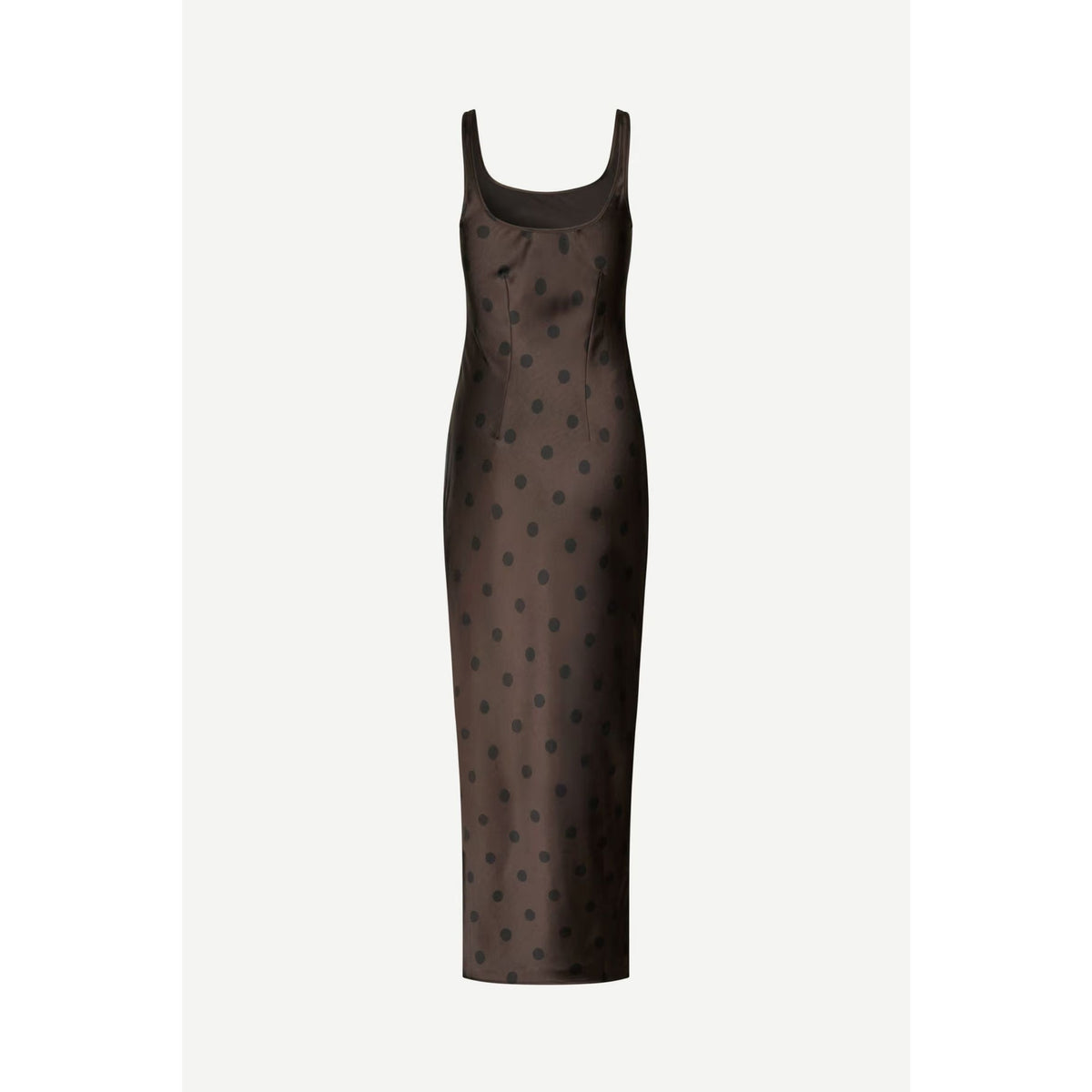 A dark brown sleeveless slip dress with a black polka dot pattern, shown against a plain off-white background.