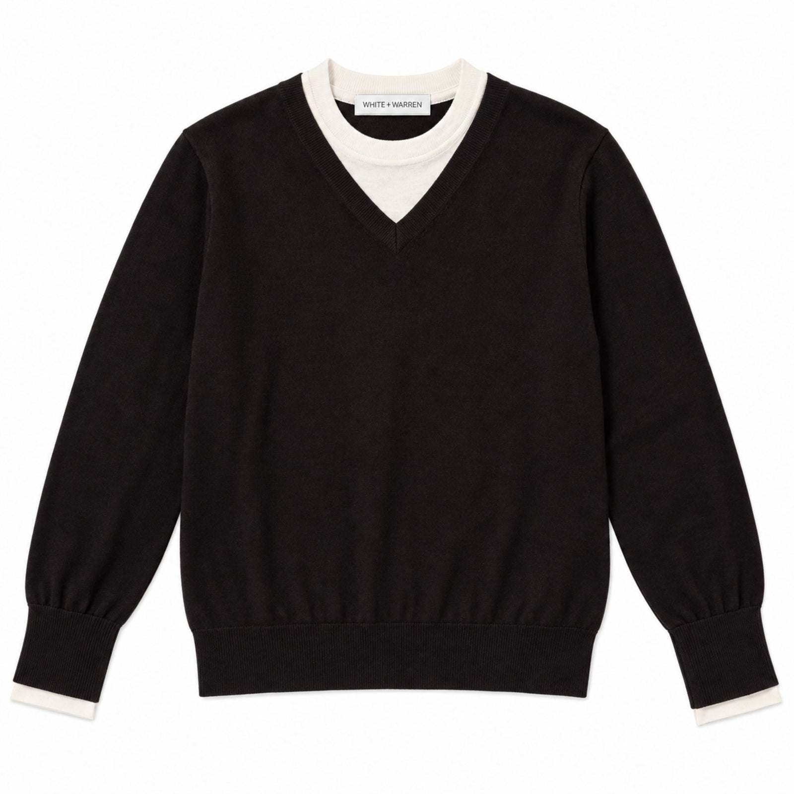 Front flat lay view of the "Superfine Merino Layer V-Neck" in grey, featuring a v-neckline layered over an integrated white contrast crewneck lining.