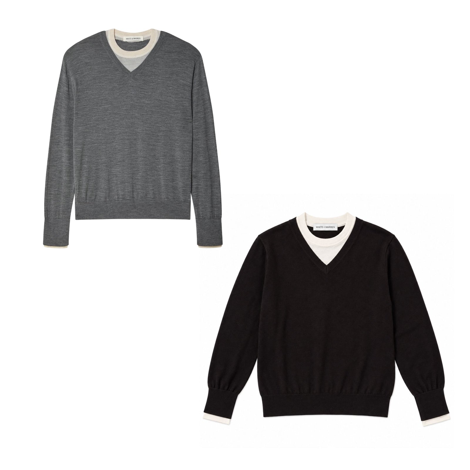 Front flat lay view of the "Superfine Merino Layer V-Neck" in grey, featuring a v-neckline layered over an integrated white contrast crewneck lining.