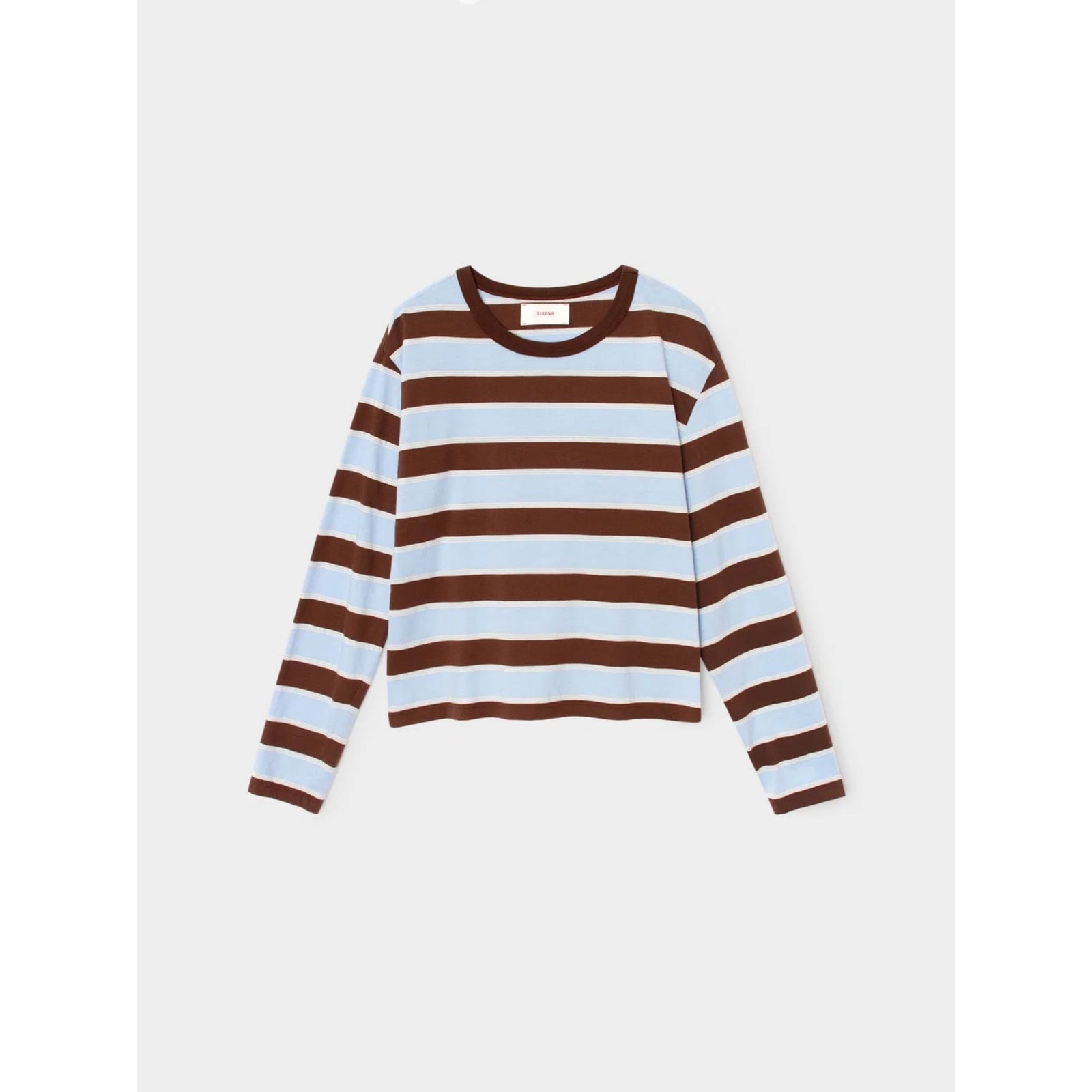 A long-sleeve knit top with horizontal brown and light blue stripes, displayed flat against a light gray background.