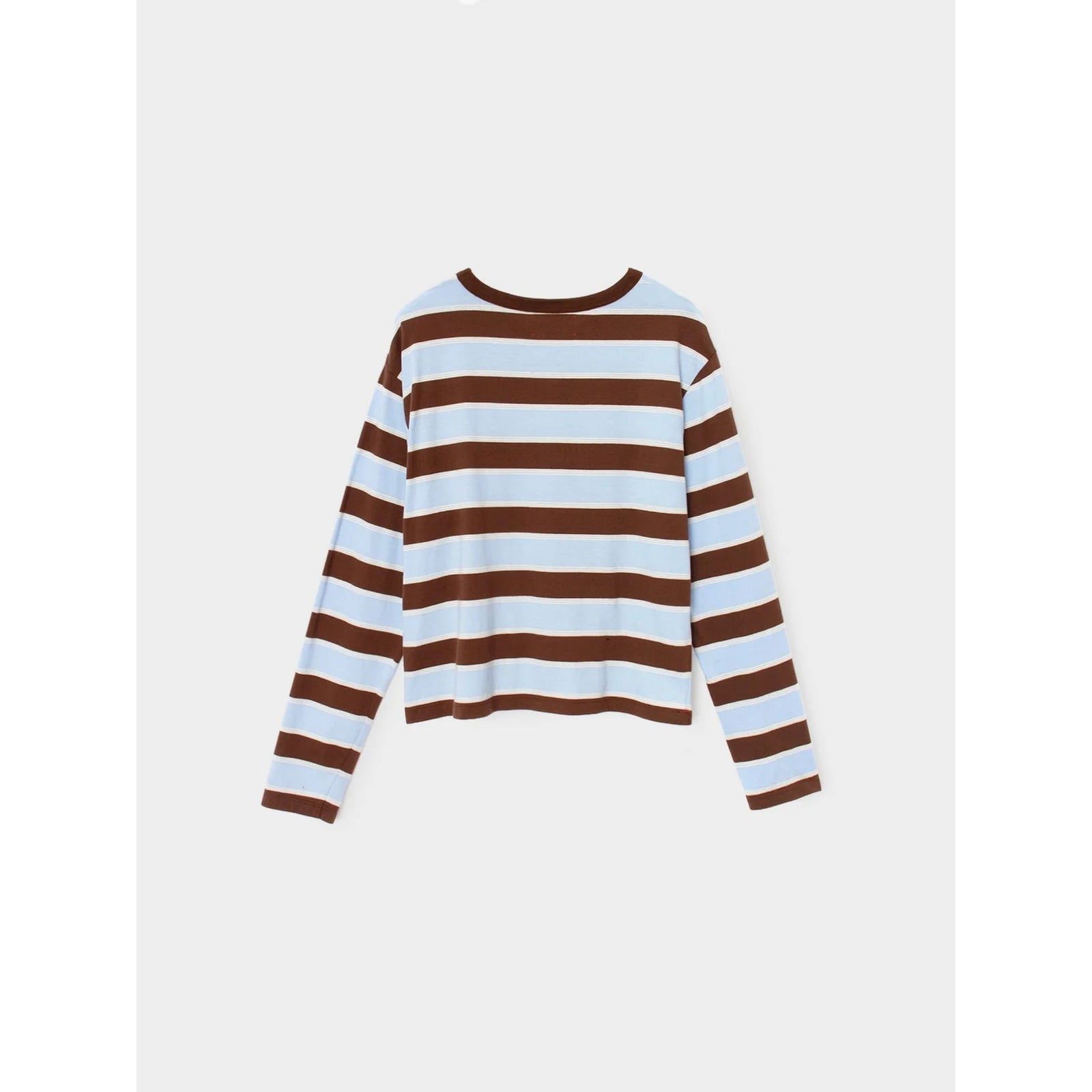 A long-sleeve knit top with horizontal brown and light blue stripes, displayed flat against a light gray background.