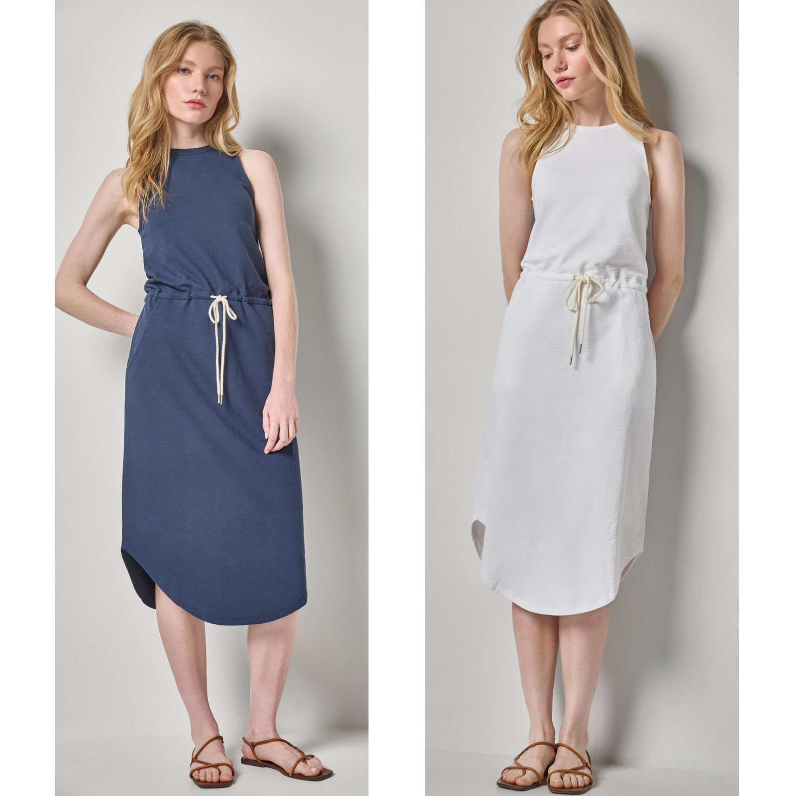 Two women wearing sleeveless dresses, one blue and one white, on a plain background.