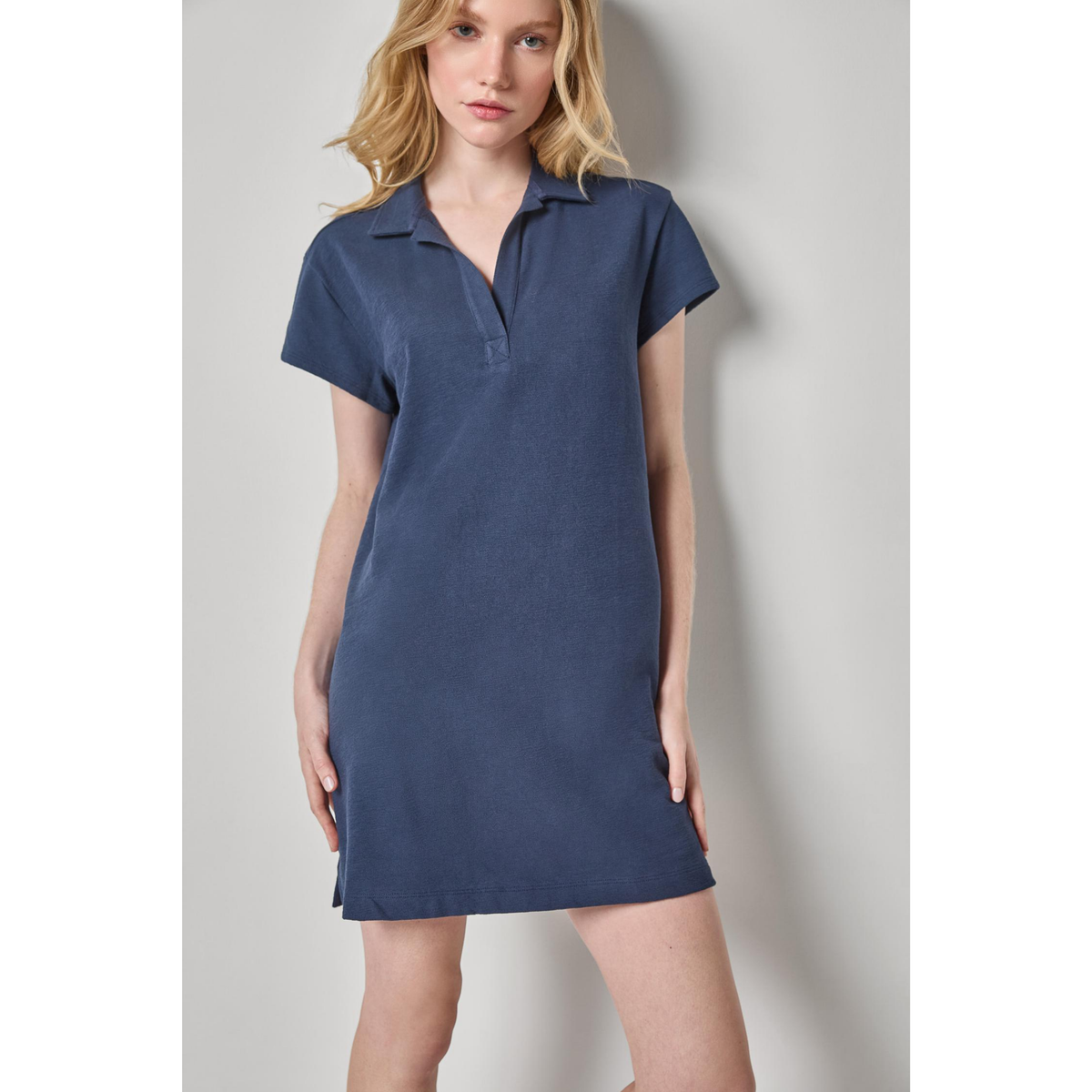 Woman wearing a blue dress against a plain background