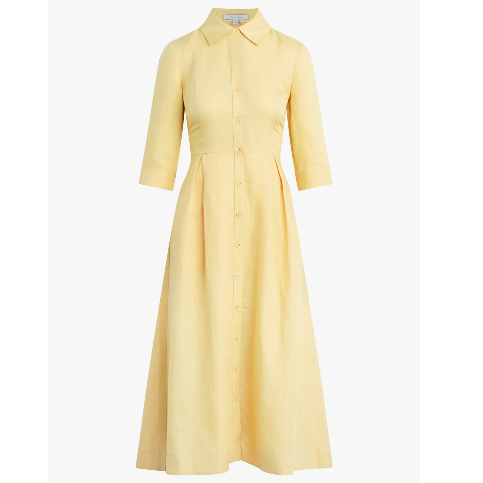 A pale yellow button-front midi dress with a pointed collar, 3/4 sleeves, and a gathered waist, shown on a plain light gray background.