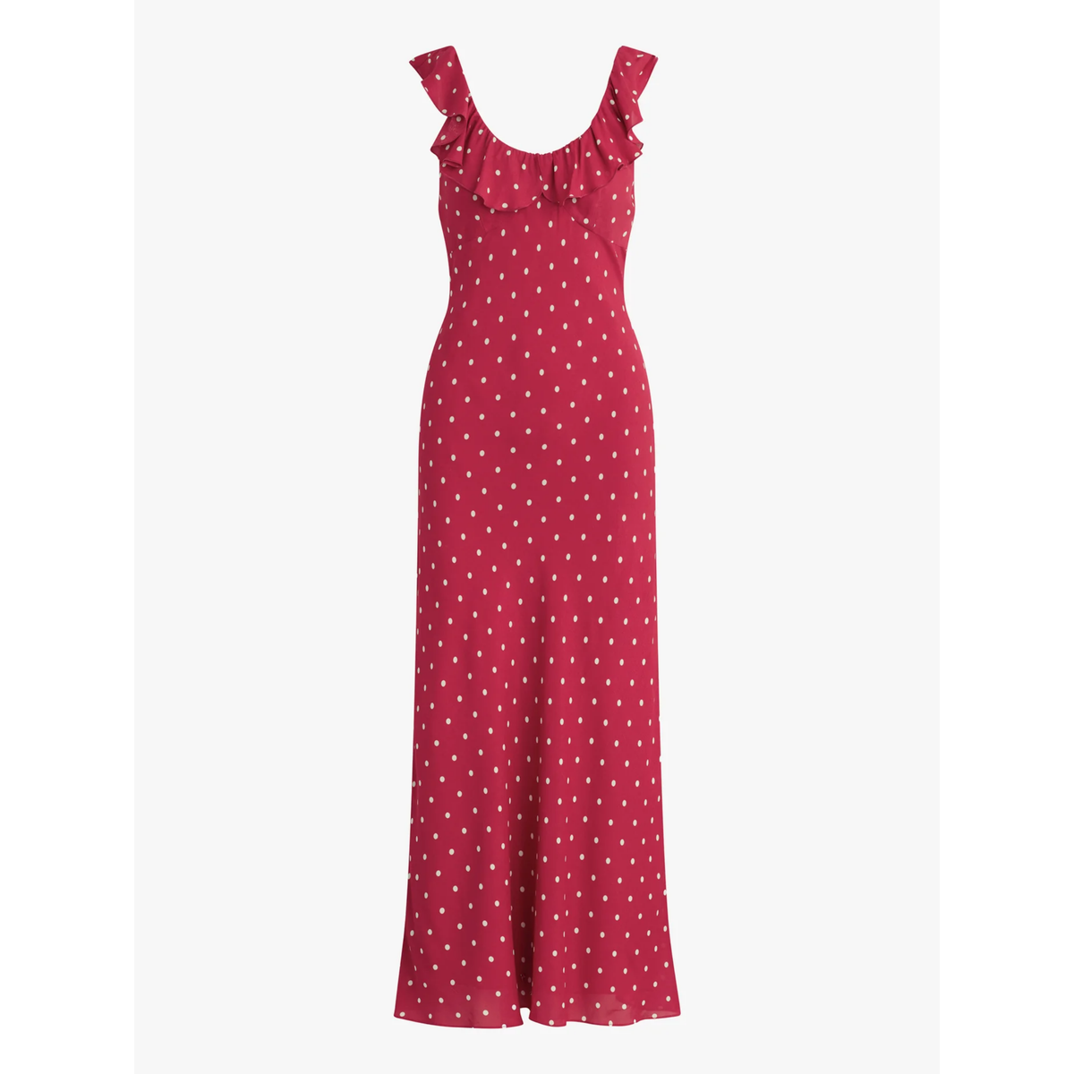 Red polka dot dress with ruffled straps on a white background