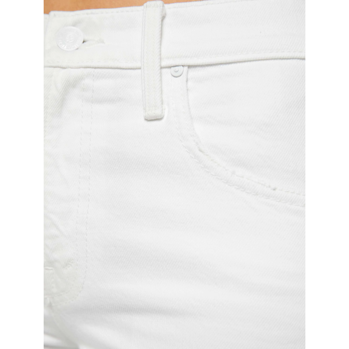 Close-up of white jeans with a focus on the waistband and stitching.