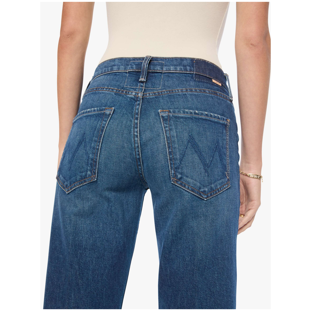 Rear view of a person wearing blue denim jeans with a straight-leg fit, showing the back pockets and waistband details against a plain white background.