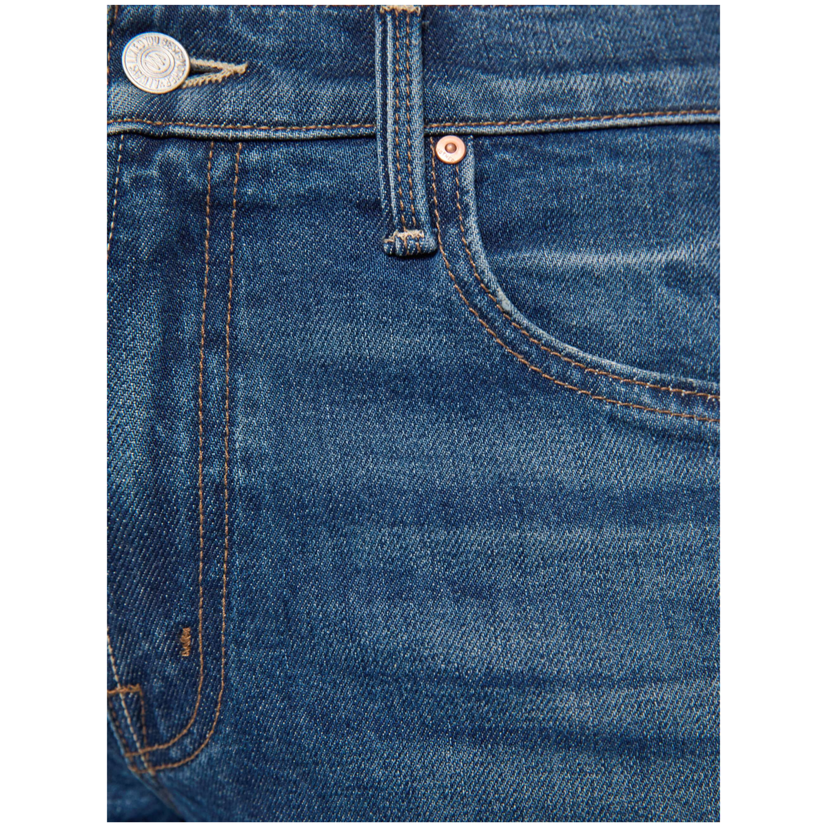 Close-up of blue denim jeans showing the front waistband, belt loops, button, rivet, and pocket stitching.