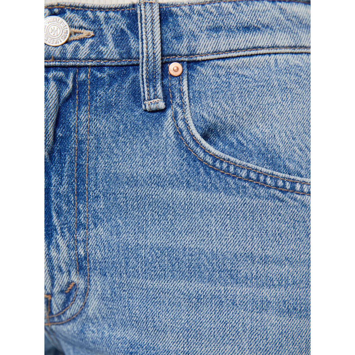 Close-up of a pair of light blue denim jeans showing the waistband, belt loop, button, and front pocket.