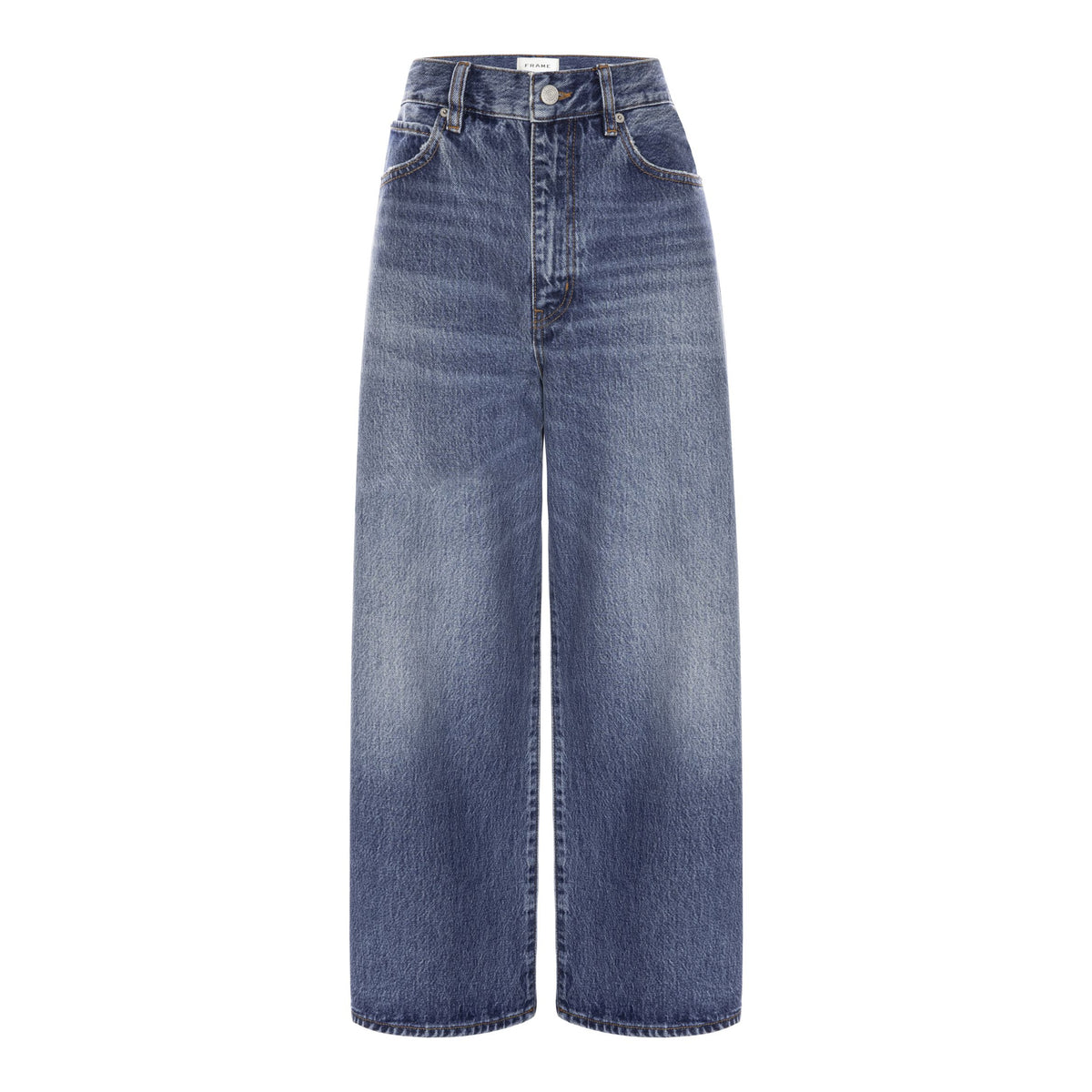 A pair of wide-leg blue denim jeans with a faded wash, shown flat against a solid white background.