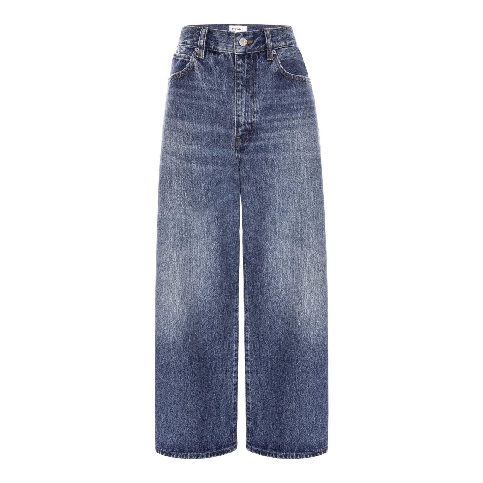 A pair of wide-leg blue denim jeans with a faded wash, shown flat against a solid white background.