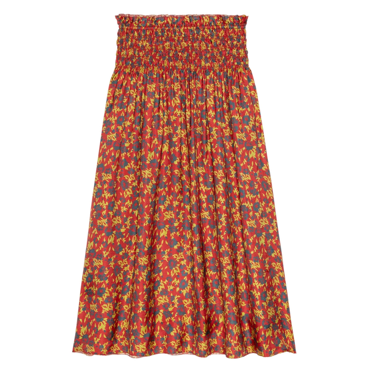 A smocked elastic waist midi skirt with an all-over abstract floral pattern in red, yellow, and blue, shown flat against a solid white background.
