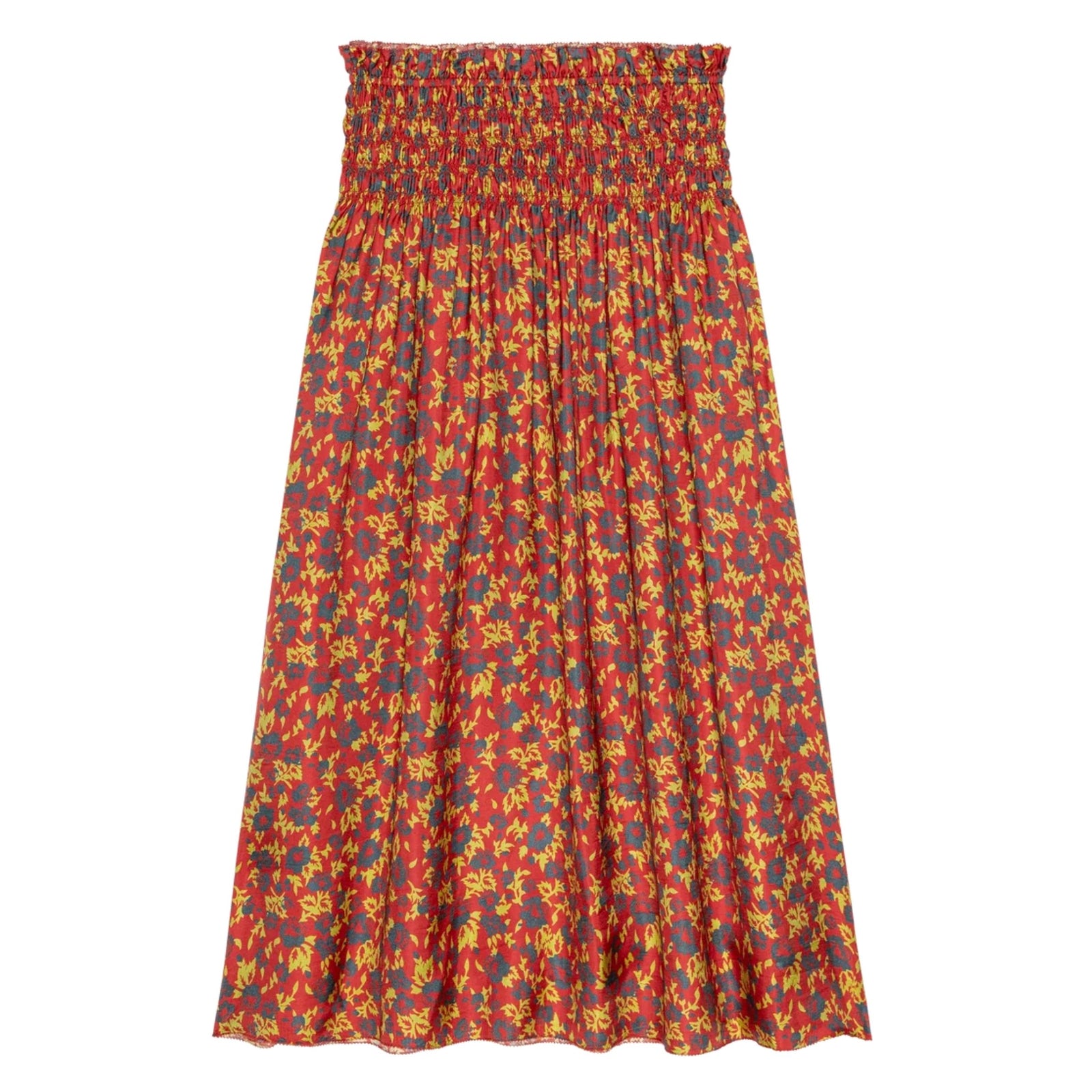 A smocked elastic waist midi skirt with an all-over abstract floral pattern in red, yellow, and blue, shown flat against a solid white background.
