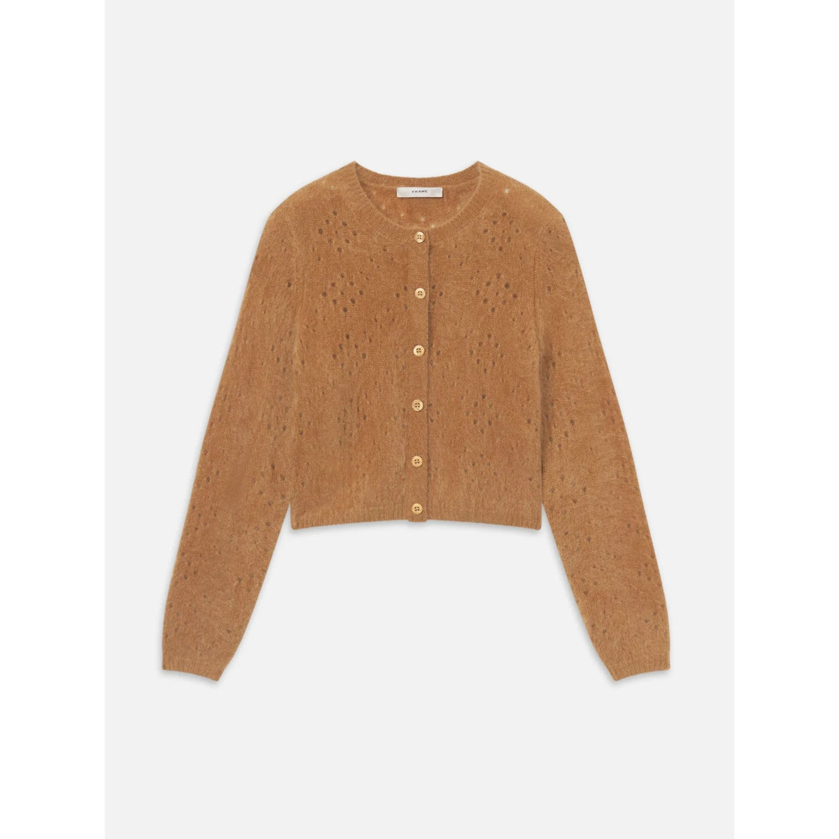 A cropped, long-sleeve knit cardigan in a warm camel brown color, featuring a textured open-knit pattern and a button-up front with matching buttons, shown against a light gray background.