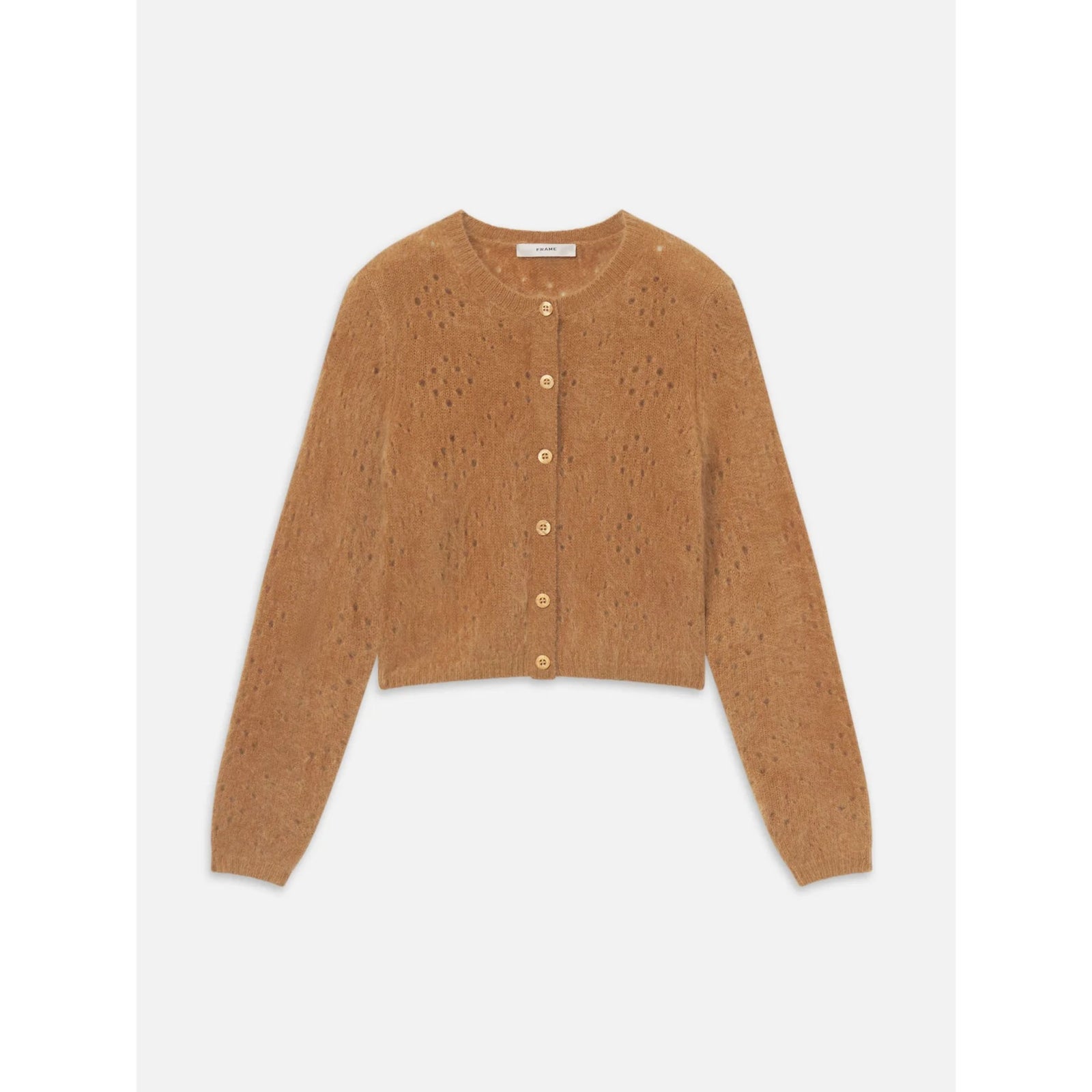 A cropped, long-sleeve knit cardigan in a warm camel brown color, featuring a textured open-knit pattern and a button-up front with matching buttons, shown against a light gray background.