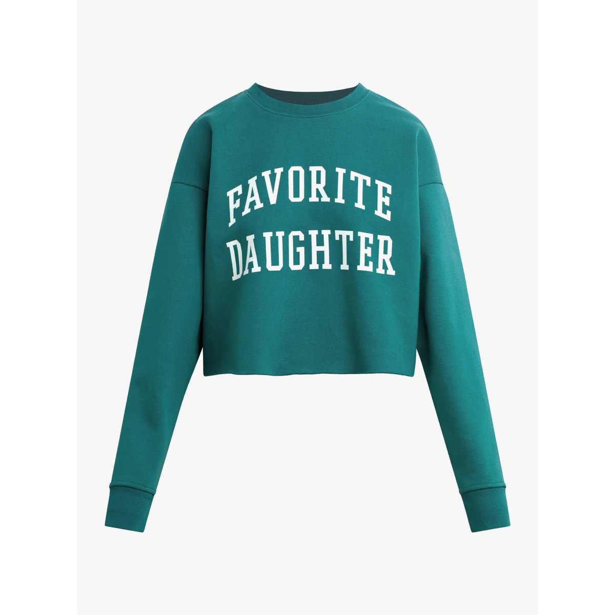 Teal sweatshirt with 'Favorite Daughter' text on a white background