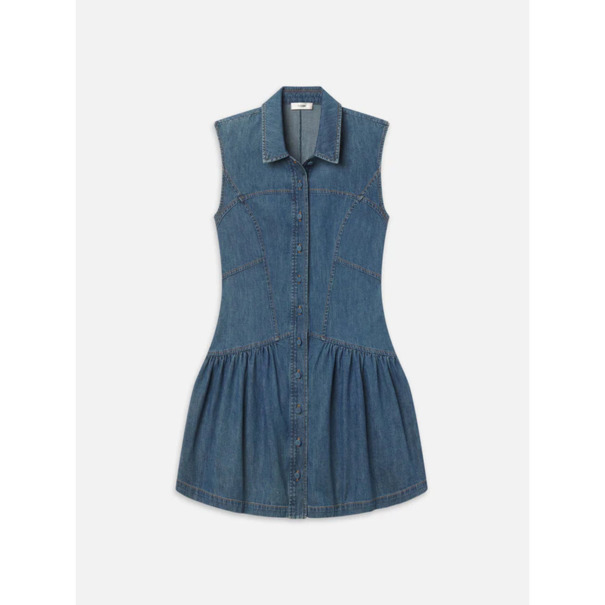 denim sleeveless mini dress with collar and button front in medium blue wash