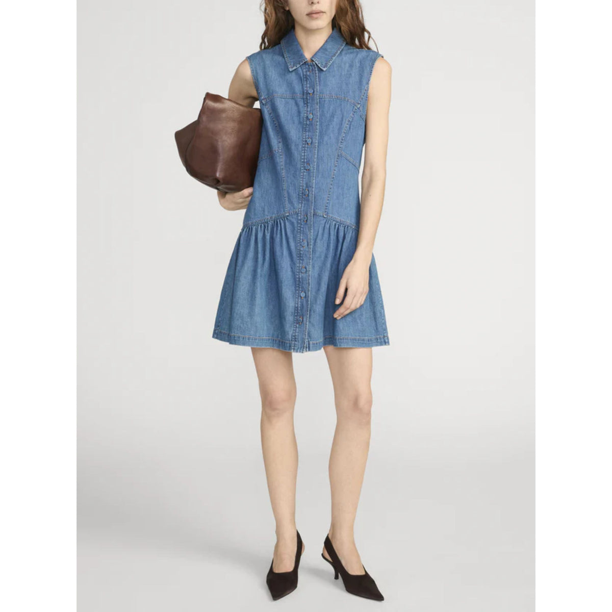 denim sleeveless mini dress with collar and button front in medium blue wash