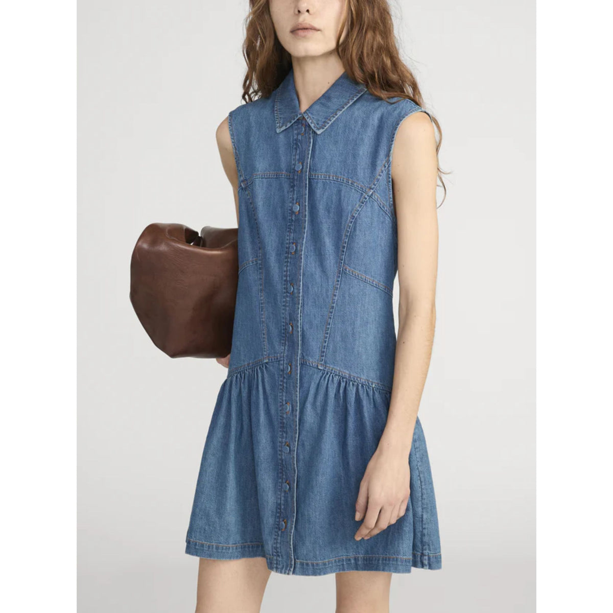 denim sleeveless mini dress with collar and button front in medium blue wash