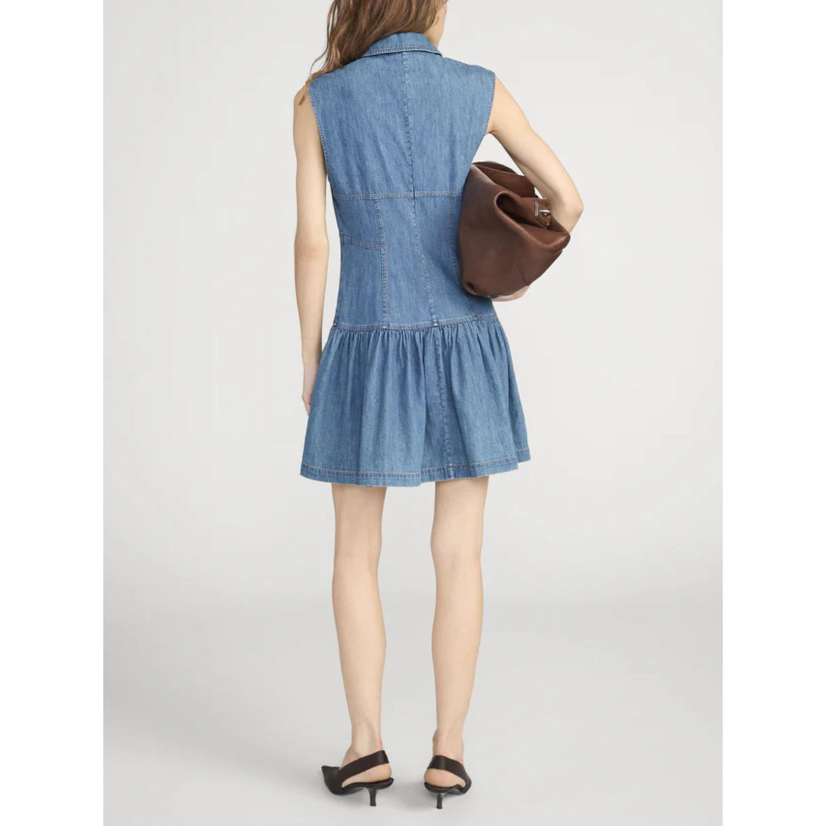 denim sleeveless mini dress with collar and button front in medium blue wash