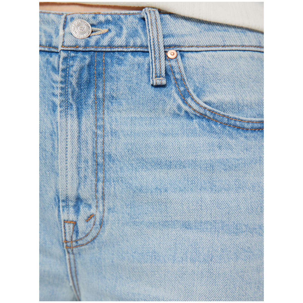 Close-up of a pair of light blue denim jeans showing the front waistband, belt loops, button, rivet, and front pocket.