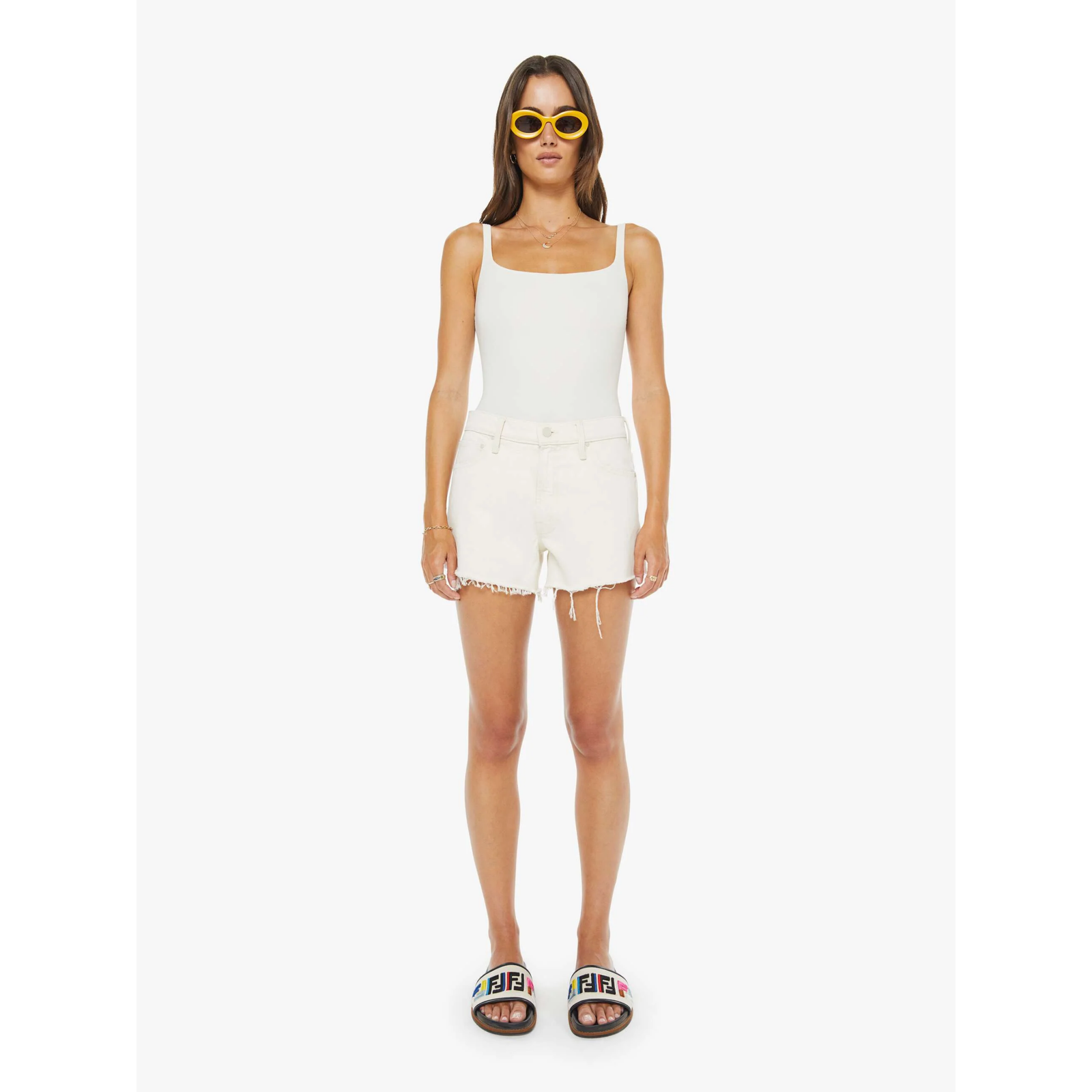 white frayed hem denim shorts mother natural selection